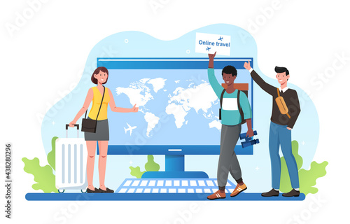 Young male and female characters are travelling online during pandemic