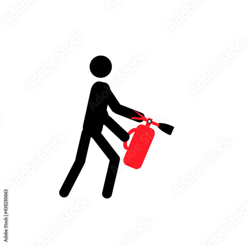 fire fighting icon, man with fire extinguisher pictogram, isolated symbol on white background, flat design style