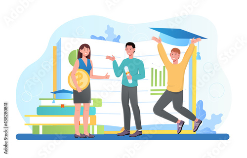 Happy male and female students are getting master degree