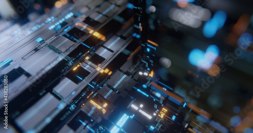 High tech electronic board and LED lights. Abstract hi-tech futuristic industry concept.  3D rendering