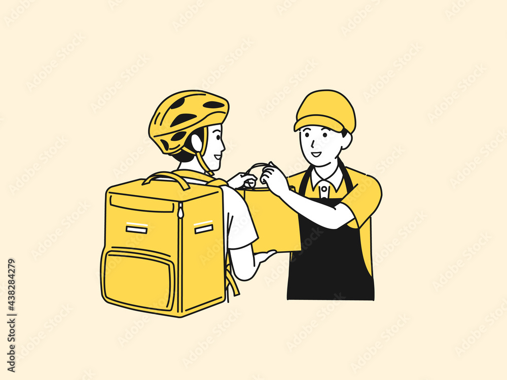 フードデリバリー 配達員 男性 荷物を渡す飲食店の店員 イラスト素材 Vector De Stock Adobe Stock