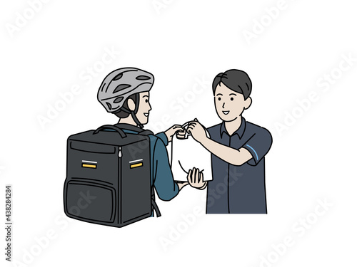 フードデリバリー　配達員　男性　荷物を渡すコンビニの店員　イラスト素材