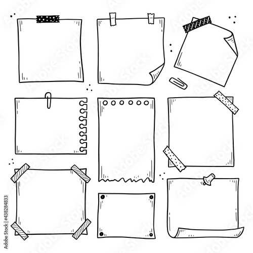 Hand drawn set of paper memo sticky. Doodle sketch style. Reminder paper sticker for pin notice, text. Vector illustration.