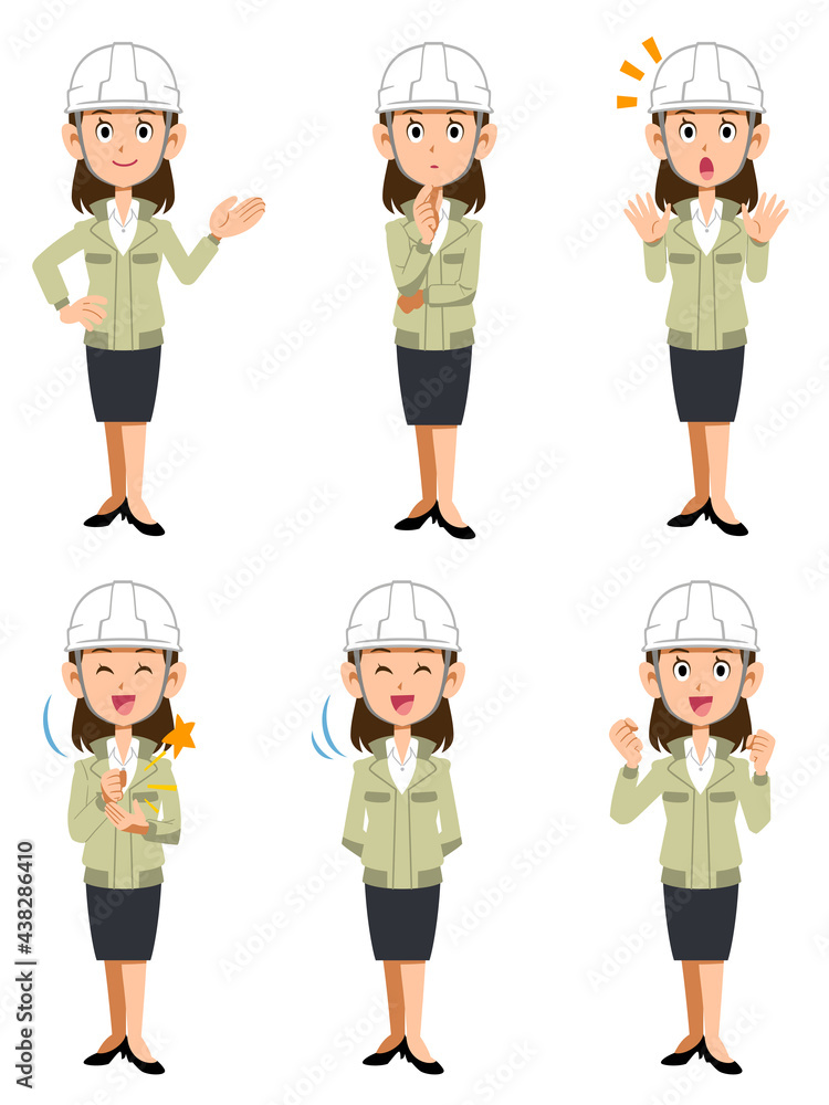 ヘルメットをかぶって作業着を羽織った事務職の女性　6種類の表情と仕草
