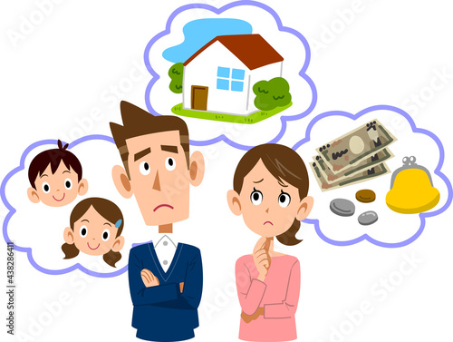 住宅、育児、お金のことで悩む若い夫婦の上半身
