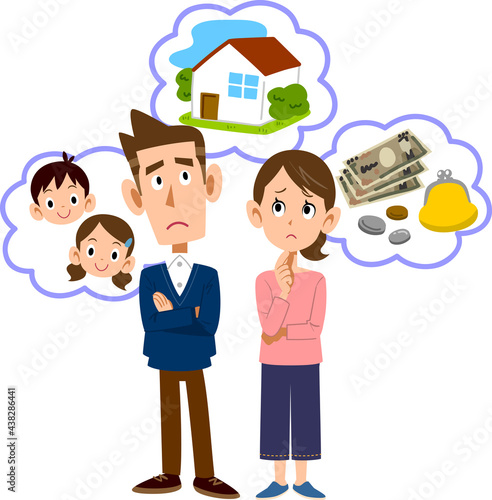 住宅、育児、お金のことで悩む若い夫婦の全身
