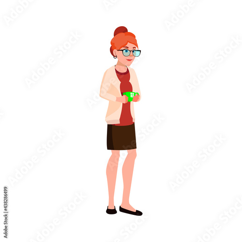funny redhead woman drink tea in kitchen cartoon vector. funny redhead woman drink tea in kitchen character. isolated flat cartoon illustration