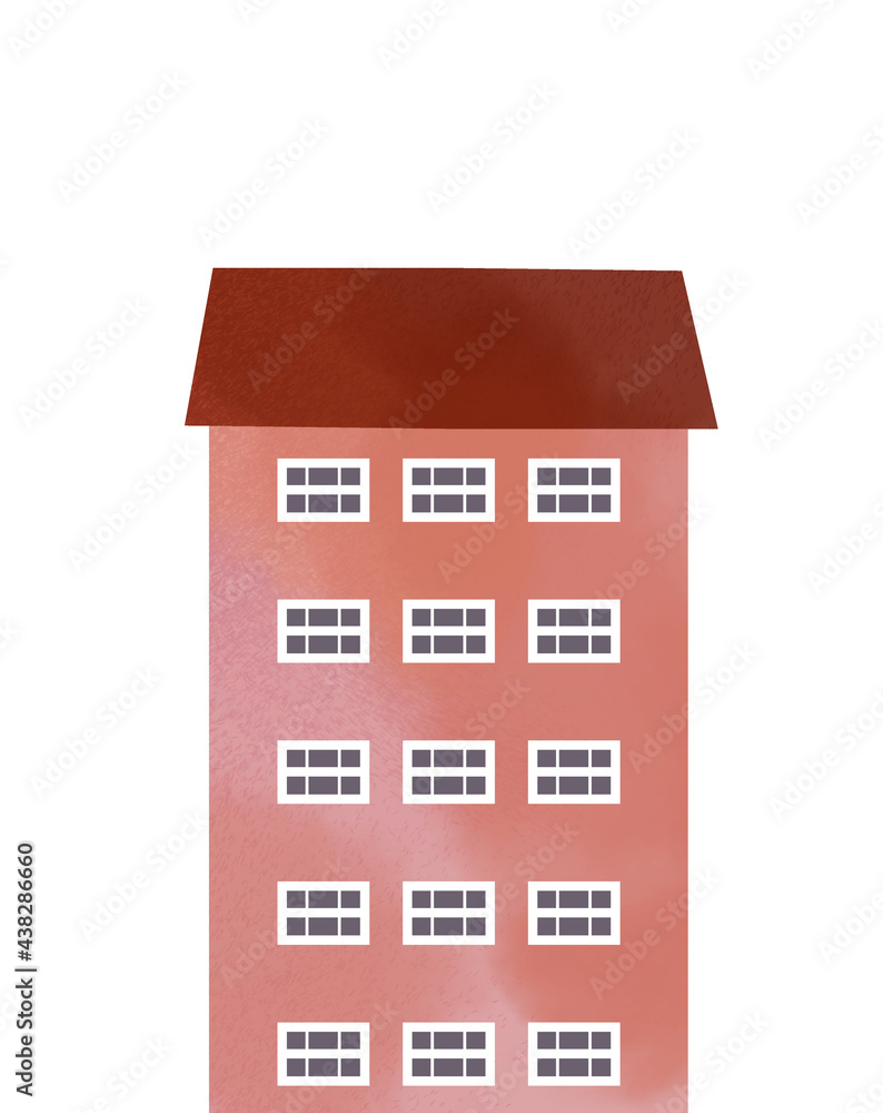 イラスト素材：北欧風の建物・かわいいピンク色のマンションのイラスト