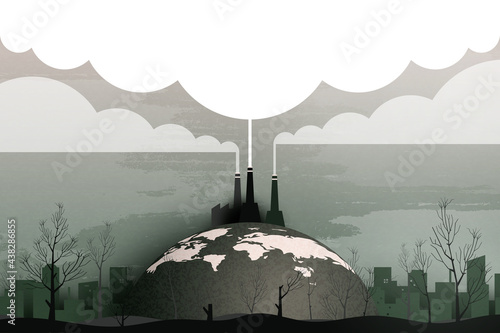 Industry chimney pollution with smoke in environment.Global warming and climate change concept.Environment landing page website template background.