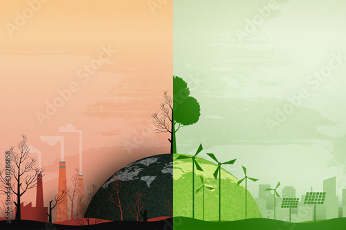 Global warming and climate change concept.Half world of polluted and green environment background.Paper art of ecology and environment concept.Vector illustration. photo