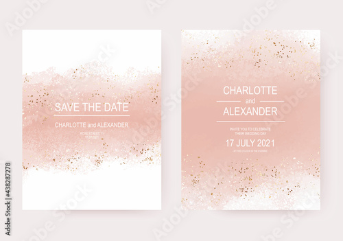 Wedding invitation templates with peach watercolor brush stroke and gold confetti.