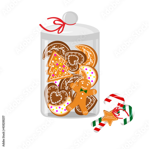 Christmas gingerbread cookies in a glass jar. Vector illustration. Baking for a gift. For creating prints, cards, invitations, banners, price tags, covers and other designs.