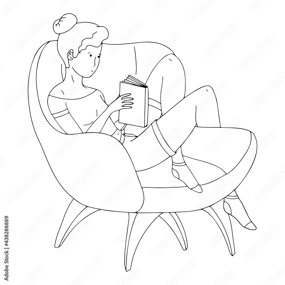 Vector line art illustration of a woman in a chair with a book, a young woman reading in a chair