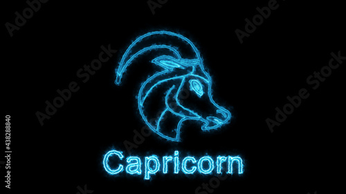 The Capricorn zodiac symbol, horoscope sign lighting effect blue neon glow. Royalty high-quality free stock of Capricorn sign isolated on black background. Horoscope, astrology icons with simple