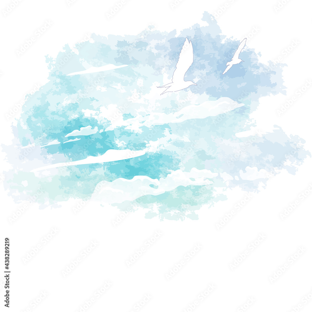 Vector illustration of blue sky with two seagulls flying