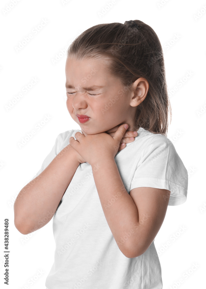 Little girl suffering from sore throat on white background Little girl suffering from sore throat on white background