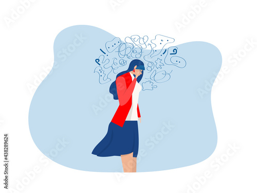 woman suffers from obsessive thoughts, headache, unresolved issues, psychological trauma, depression.Mental stress panic mind disorder illustration Flat vector illustration.