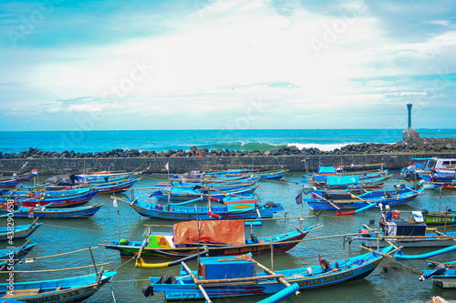 Aerial view of beautiful traditional fishing boat Indonesia. sea view filled with fishing boats