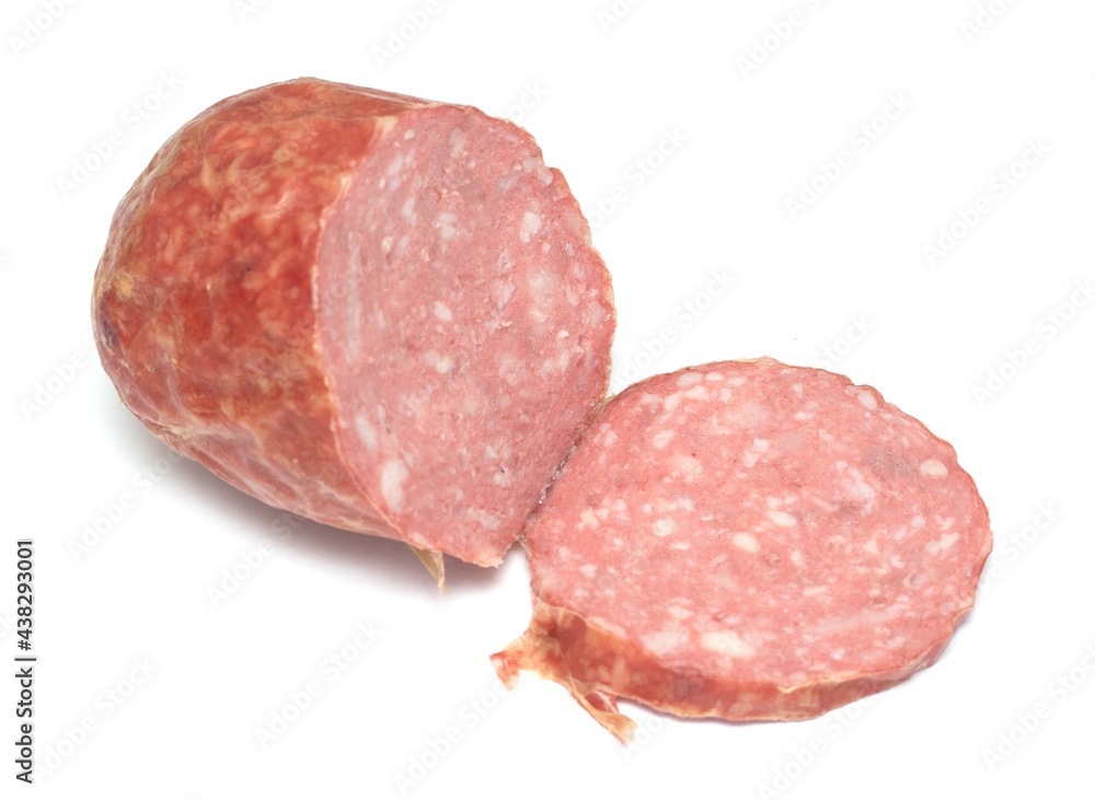 smoked sausage cervelat on a white plate smoked sausage cervelat on a white plate