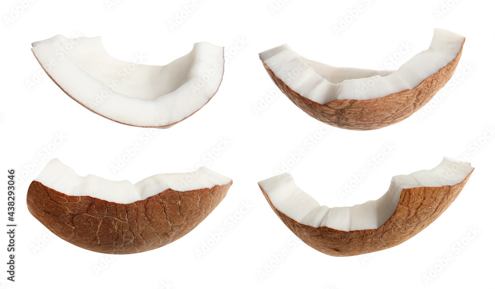 Fototapeta premium Set with pieces of ripe coconut on white background