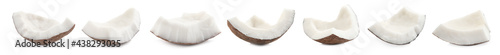Set with pieces of ripe coconut on white background. Banner design