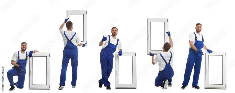 Workers with plastic window on white background, collage. Installation service Workers with plastic window on white background, collage. Installation service