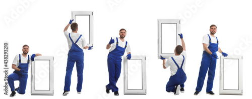 Workers with plastic window on white background, collage. Installation service