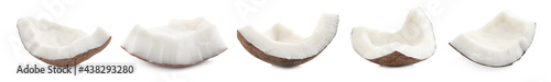 Set with pieces of ripe coconut on white background. Banner design