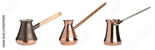 Beautiful copper turkish coffee pots on white background, collage. Banner design photo