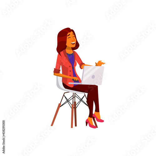 hispanic woman look funny picture on laptop cartoon vector. hispanic woman look funny picture on laptop character. isolated flat cartoon illustration