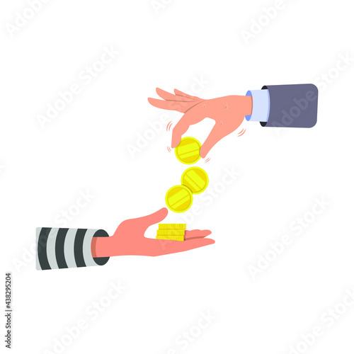 The person gives the money to the criminal. Vector illustration, flat cartoon color minimal design isolated on white background, eps 10.