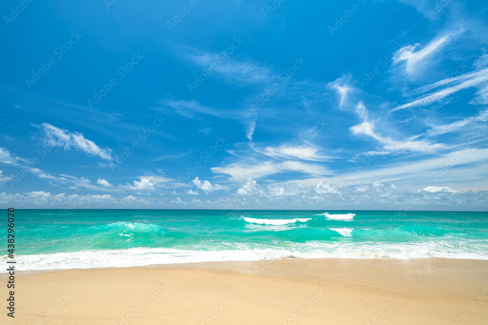 Obraz premium Phuket sea beach beautiful scene and blue sky with cloud on a sunny holiday Concept of Summer Vacation Holiday design.