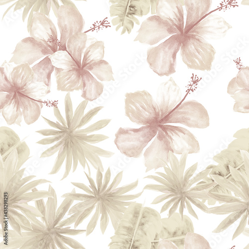 Wallpaper Mural Brown Seamless Botanical. White Pattern Painting. Gray Tropical Background. Banana Leaves. Flower Design. Floral Textile. Watercolor Vintage. Decoration Vintage. Torontodigital.ca