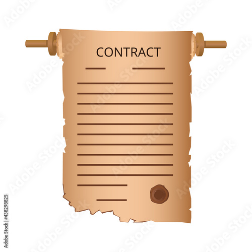 Old contract.  Ancient  treaty on parchment or papyrus. Antique scroll with a corrupted, outdated agreement. The concept of an overdue contract, business project, deal on a paper document, page.Vector