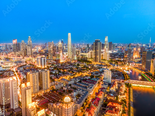 Aerial photography of Tianjin city building skyline night view