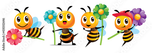 Cartoon cute bee with smile series holding big colourful flowers mascot set 