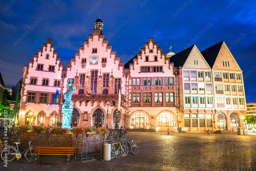 old town square romerberg with Justitia statue in Frankfurt Germany