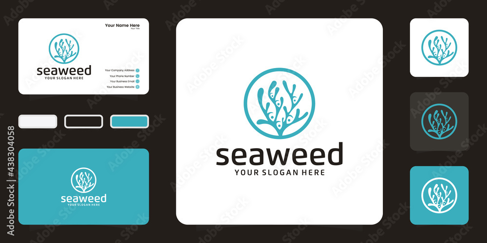 seaweed and negative space fish logo design, icon and business card seaweed and negative space fish logo design, icon and business card