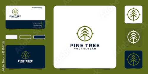 pine tree logo with arrow and compass pointer design, icon, symbol and business card inspiration
