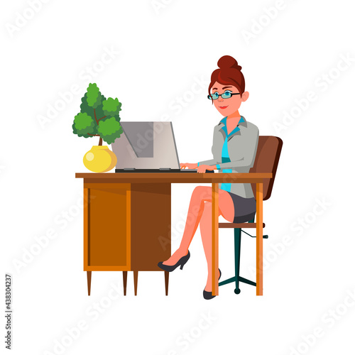 pretty businesswoman selling online cartoon vector. pretty businesswoman selling online character. isolated flat cartoon illustration