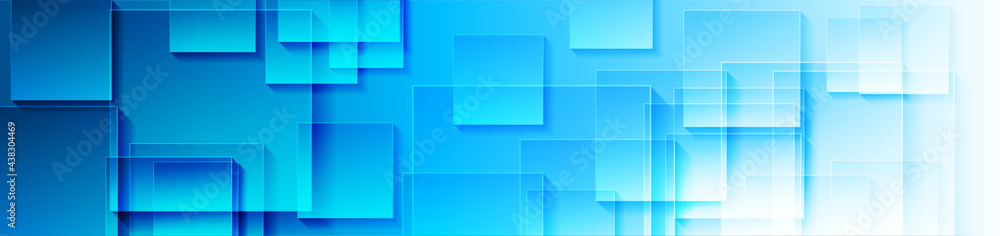 Blue and white squares abstract tech banner design. Geometric vector background