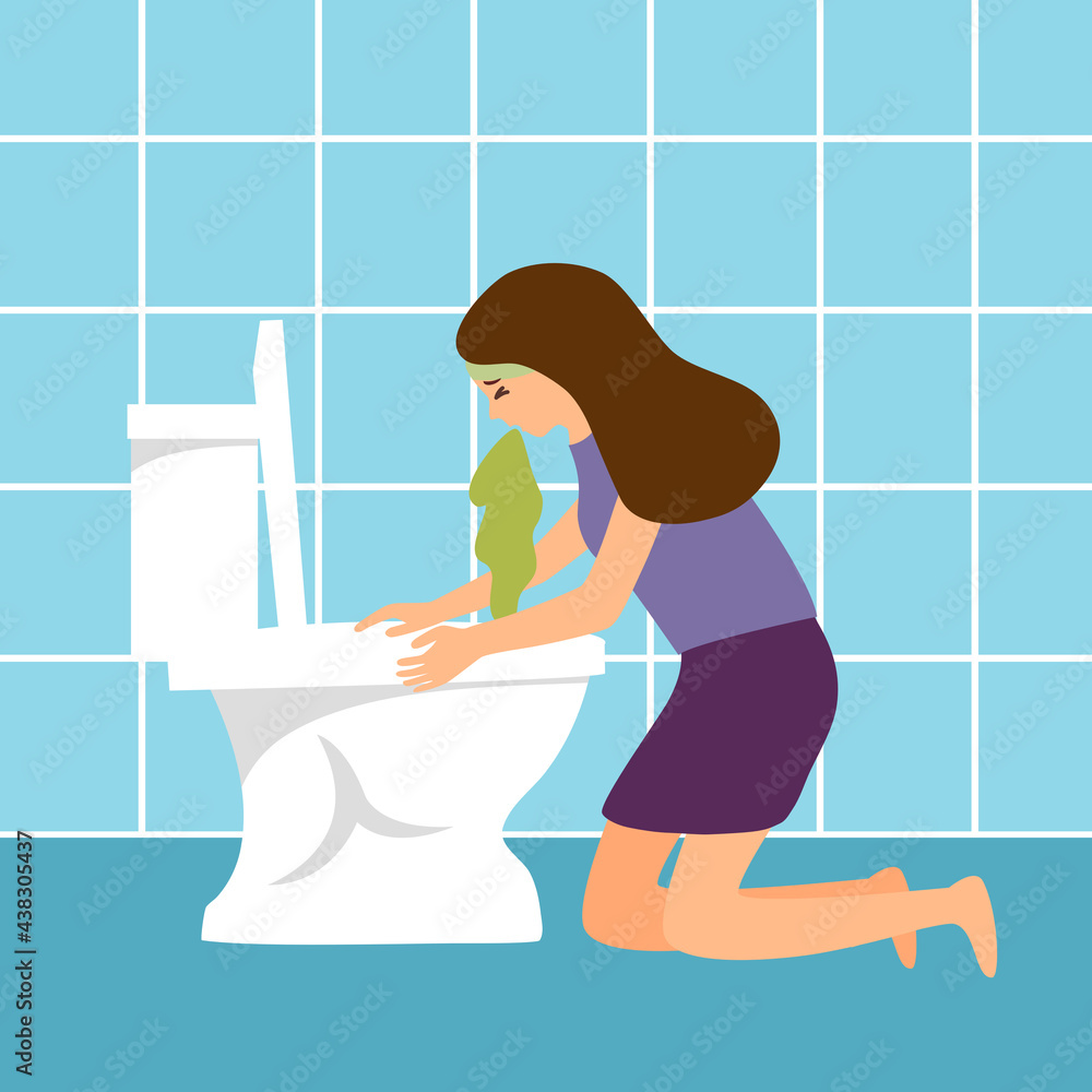 Woman suffering from vomit in toilet vector illustration. Nausea