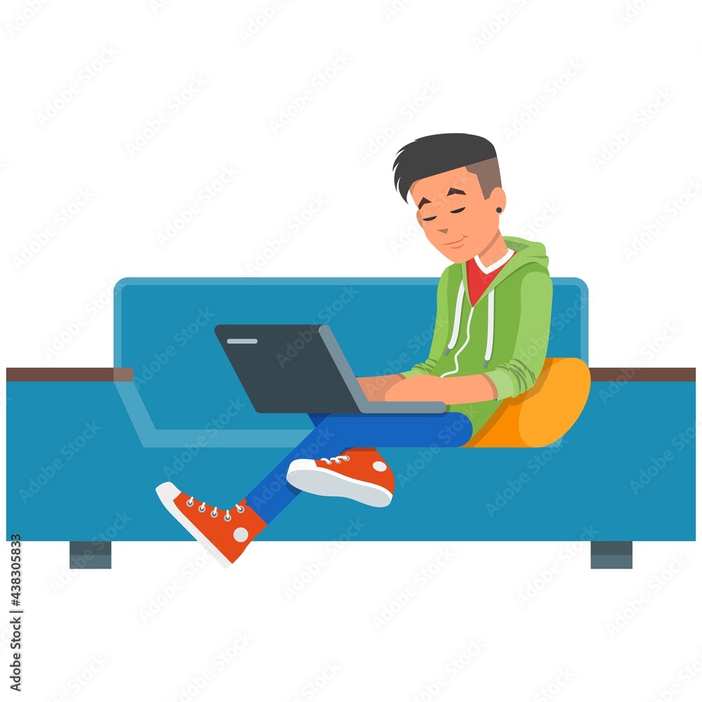 Boy with laptop computer on home sofa vector Boy with laptop computer on home sofa vector