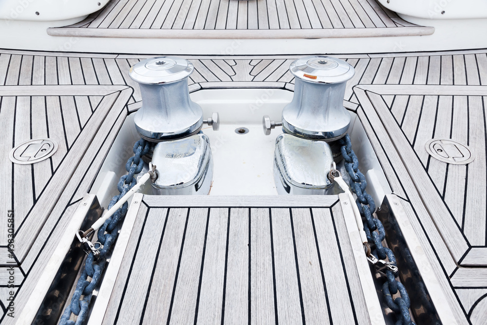 Photo & Art Print Bow of teak deck, luxury yacht with stainless steel ...