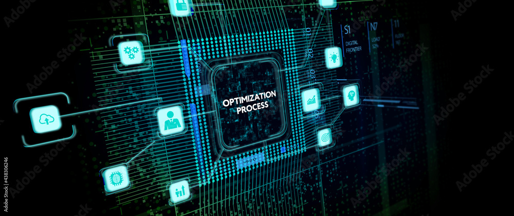 Optimization Software Technology Process System Business concept. Business, Technology, Internet and network concept. Optimization Software Technology Process System Business concept. Business, Technology, Internet and network concept.