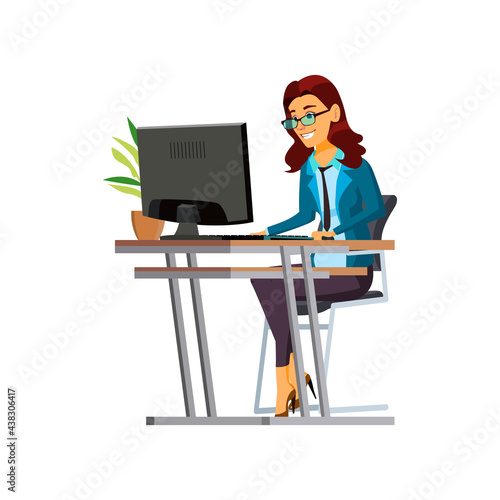 smiling woman communicate with boyfriend on computer cartoon vector. smiling woman communicate with boyfriend on computer character. isolated flat cartoon illustration