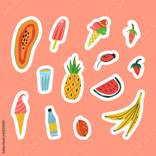 Funny summer stickers set with refresher cold drinks, frozen desserts and juicy fruits. Papaya, popsicle, beverage etc