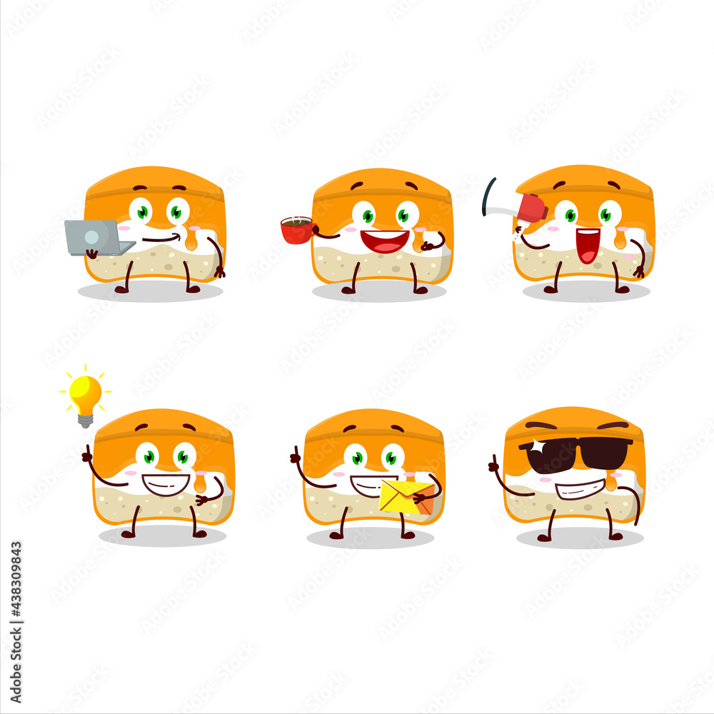 Orange cake cartoon character with various types of business emoticons