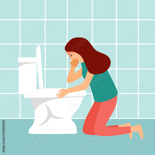 Woman suffering from vomit in toilet vector illustration. Nausea throwing up from food poisoning, pregnancy symptom or drunk.