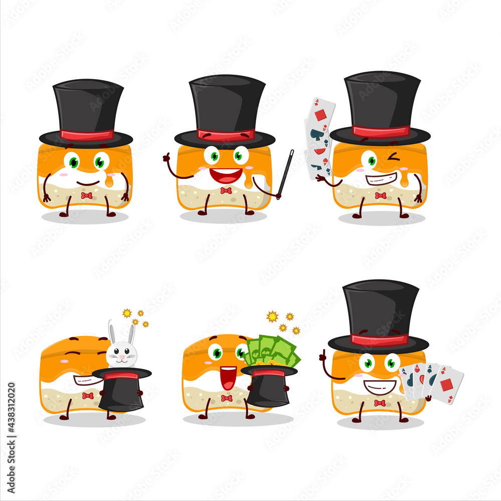 A orange cake Magician cartoon character perform on a stage A orange cake Magician cartoon character perform on a stage